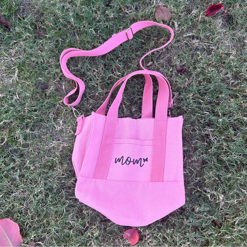 Mini Dusty Pink Canvas "Mom" Tote Bag w/ Crossbody Detachable Strap & Butterfly